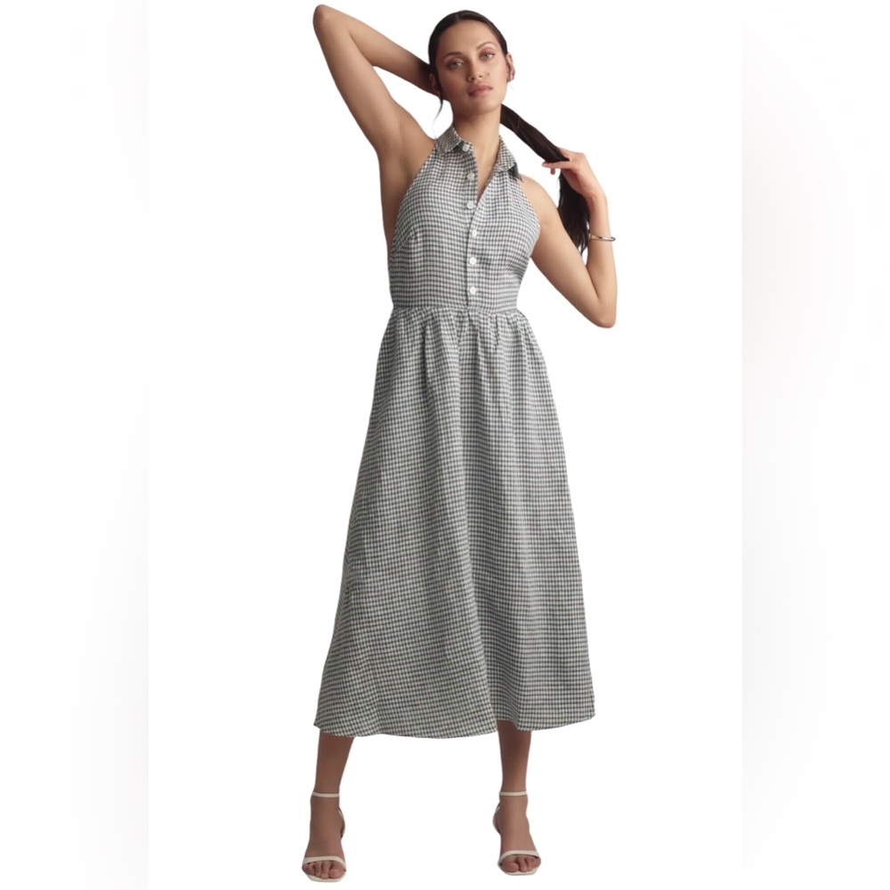 Reformation Tace Linen Midi Dress Size 4 Plaid Gingham Slate White